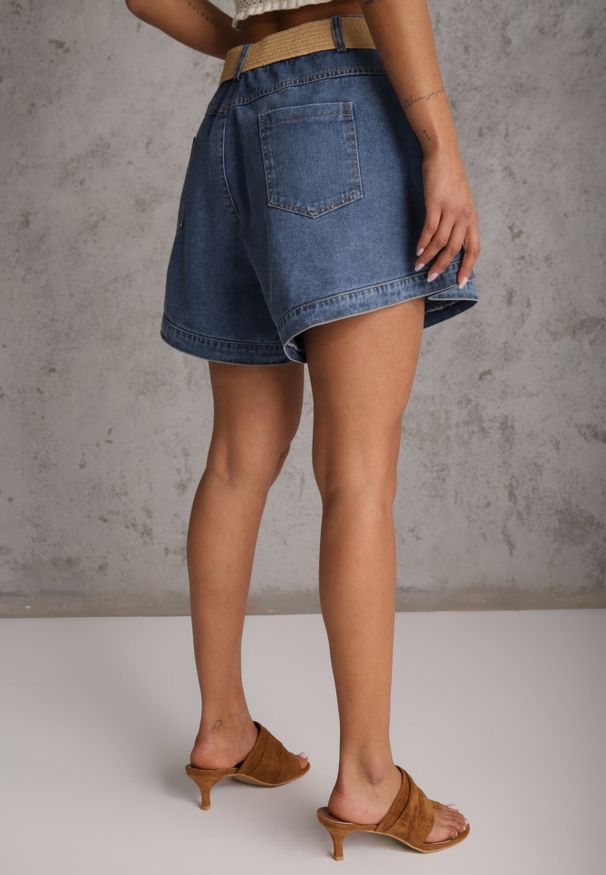Renee - Granatowe Szorty Jeansowe High Waist z Bawełny z Elastycznym Paskiem Tinreia. Okazja: na co dzień. Stan: podwyższony. Kolor: niebieski. Materiał: bawełna, jeans. Długość: krótkie. Sezon: lato. Styl: casual