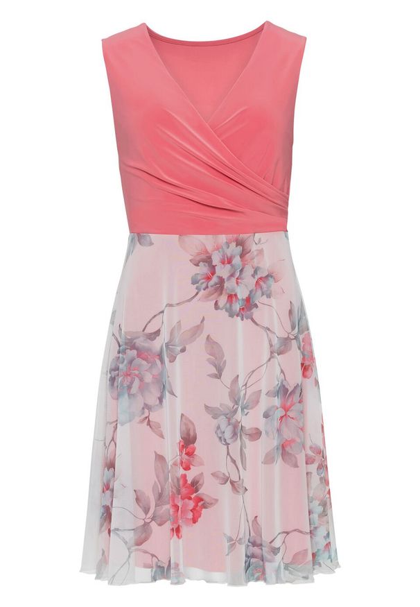 Sukienka z częścią spódnicową z siatkowego materiału z nadrukiem bonprix koralowo-biel wełny w kwiaty. Kolor: różowy. Materiał: wełna, materiał. Wzór: kwiaty, nadruk. Typ sukienki: kopertowe