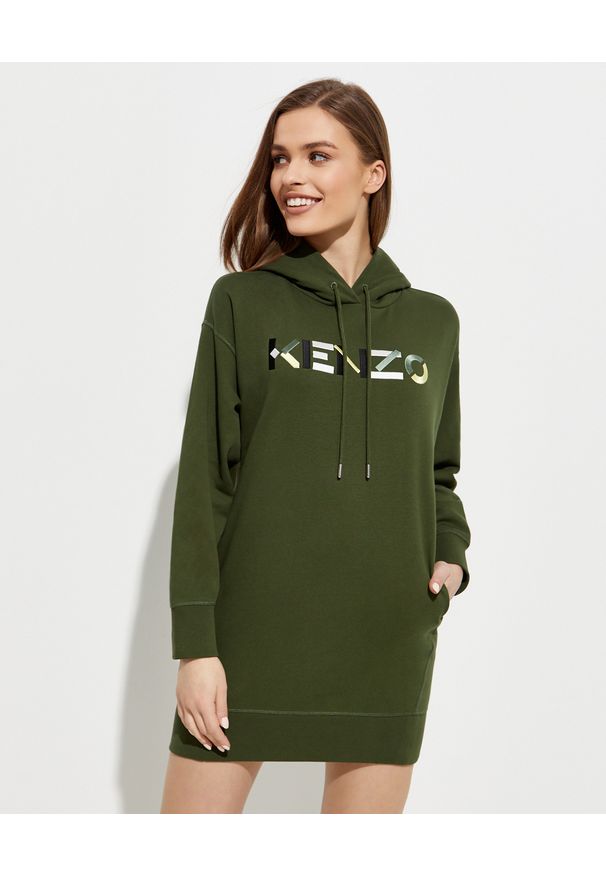 Kenzo - KENZO - Zielona bluza z kapturem. Typ kołnierza: kaptur. Kolor: zielony. Materiał: bawełna. Długość rękawa: długi rękaw. Długość: długie. Wzór: kolorowy