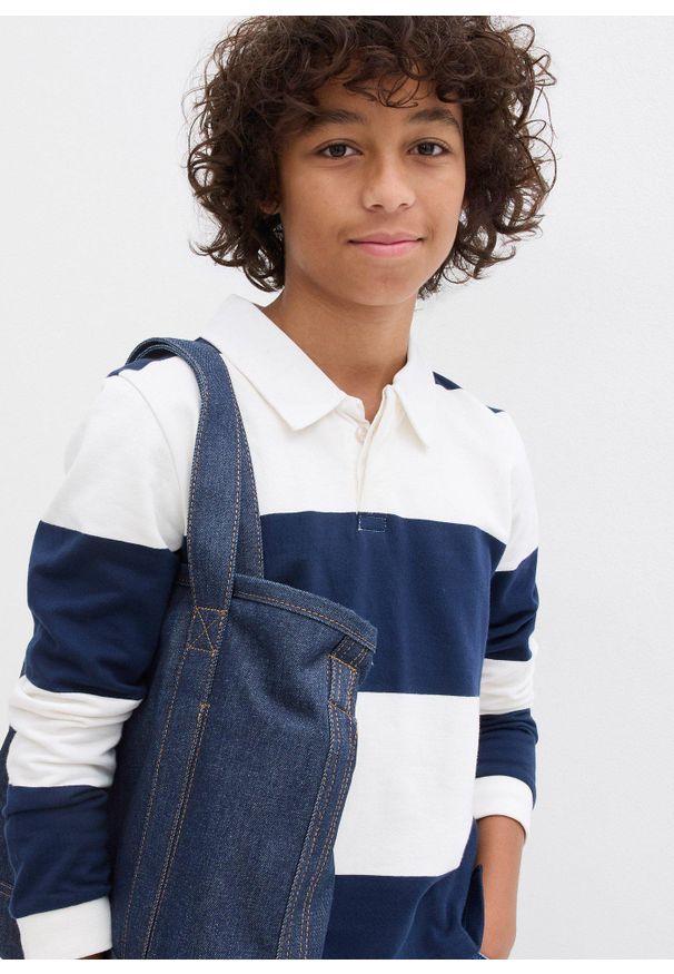 bonprix - Bluza polo z czystej bawełny. Typ kołnierza: polo. Kolor: niebieski. Materiał: bawełna