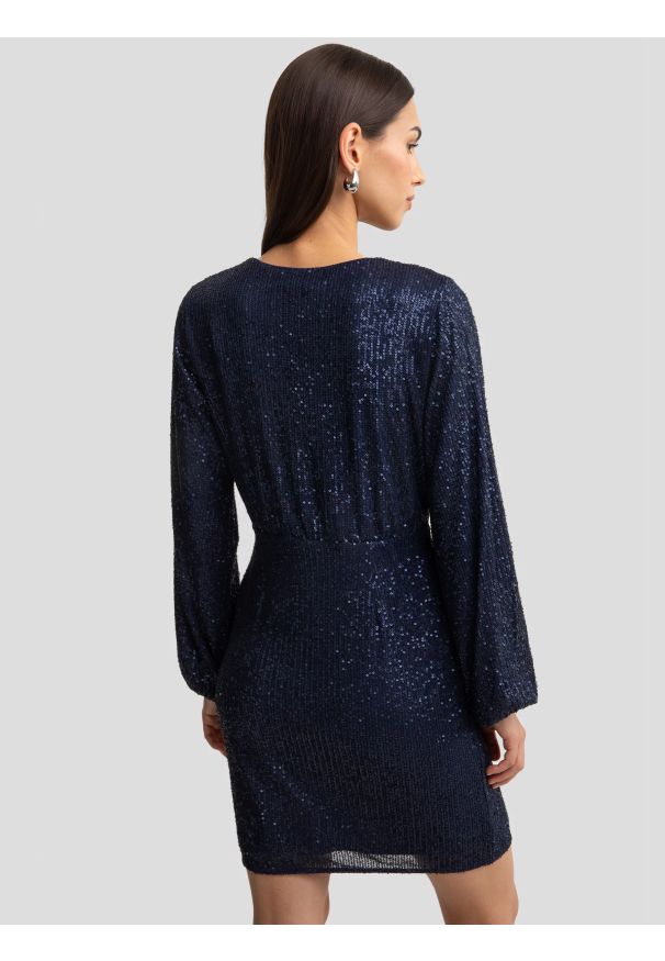 Big-Star - Sukienka damska mini cekinowa granatowa Loreta 403. Okazja: na imprezę. Kolor: niebieski. Wzór: aplikacja. Typ sukienki: dopasowane, kopertowe. Styl: elegancki, wizytowy. Długość: mini