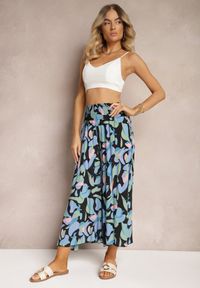 Renee - Czarno-Niebieskie Spodnie z Wiskozy High Waist z Gumką w Pasie Alaqinta. Okazja: na co dzień. Stan: podwyższony. Kolor: czarny. Materiał: wiskoza. Styl: elegancki, casual #6