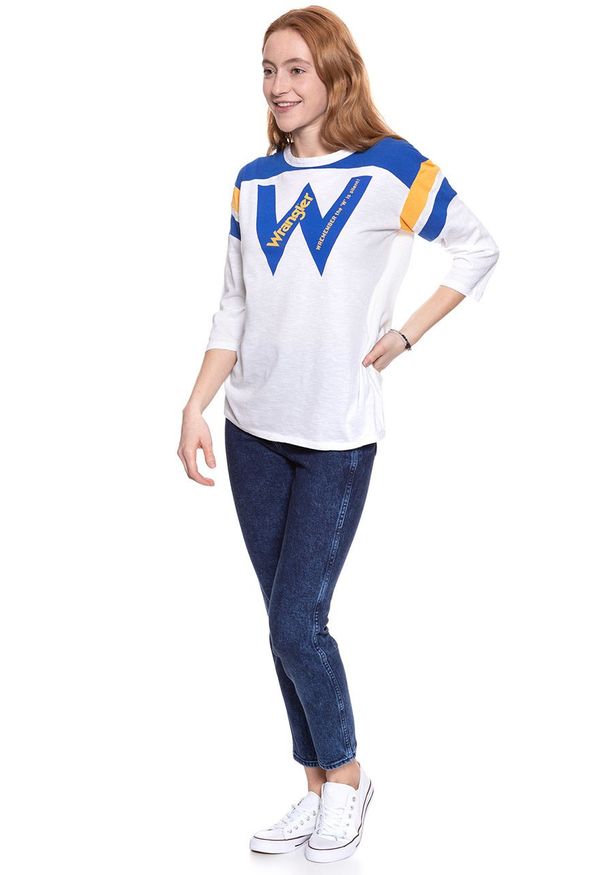 Wrangler - WRANGLER T SHIRT DAMSKI B&Y LS LOOSE TEE WHITE W723LEA12 112130926. Wzór: nadruk