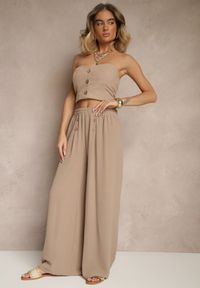 Renee - Beżowe Spodnie z Bawełną o Szerokim Kroju High Waist Ozdobione Guzikami Morritia. Okazja: na co dzień. Stan: podwyższony. Kolor: beżowy. Materiał: bawełna. Wzór: aplikacja. Styl: elegancki, casual #3