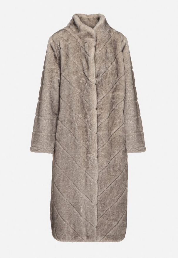 Born2be - Beżowy Długi Płaszcz Futerko z Ozdobnymi Przeszyciami i Stójką Zenima. Okazja: na co dzień. Typ kołnierza: kołnierzyk stójkowy. Kolor: beżowy. Materiał: futro. Długość: długie. Styl: klasyczny, casual, elegancki