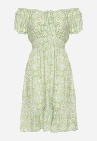 Born2be - Jasnozielona Wiskozowa Sukienka Hiszpanka z Gumką w Talii z Materiałowym Paskiem i Falbanką Tiamanthea. Okazja: na co dzień. Typ kołnierza: dekolt hiszpanka. Kolor: zielony. Materiał: wiskoza, materiał. Typ sukienki: proste. Styl: casual #6