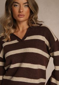 Renee - Brązowy Sweter z Wełną Zdobiony Kołnierzykiem i Wzorem w Paski Tevila. Okazja: na co dzień. Typ kołnierza: dekolt w serek. Kolor: brązowy. Materiał: wełna. Wzór: paski, aplikacja. Styl: elegancki, casual, sportowy #4