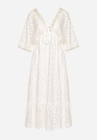 Born2be - Biała Koronkowa Taliowana Sukienka z Bawełną Gumką w Pasie i Wiązaniem przy Dekolcie Neleavia. Okazja: na imprezę, na co dzień. Typ kołnierza: dekolt w łódkę. Kolor: biały. Materiał: bawełna, koronka. Długość rękawa: krótki rękaw. Typ sukienki: proste. Styl: casual, elegancki #7