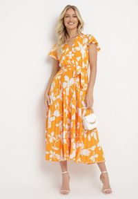 Born2be - Pomarańczowa Kopertowa Plisowana Sukienka z Gumką i Paskiem w Talii Denevia. Okazja: na co dzień. Kolor: pomarańczowy. Długość rękawa: krótki rękaw. Typ sukienki: kopertowe. Styl: casual #7