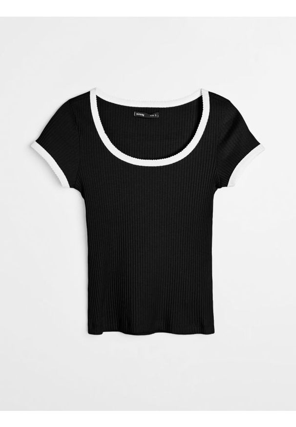 Sinsay - Prążkowana koszulka z kontrastową lamówką - czarny. Kolor: czarny. Materiał: prążkowany