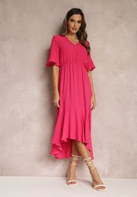 Renee - Fuksjowa Sukienka Parthesio. Kolor: różowy. Materiał: materiał, wiskoza. Długość rękawa: krótki rękaw. Sezon: lato. Długość: midi