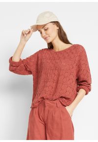 bonprix - Sweter ażurowy oversized z domieszką lnu. Kolor: czerwony. Materiał: len. Wzór: ażurowy