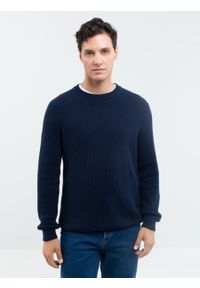 Big-Star - Sweter męski klasyczny granatowy Riko 403. Okazja: na co dzień. Kolor: niebieski. Materiał: jeans, bawełna. Wzór: prążki, ze splotem. Styl: klasyczny