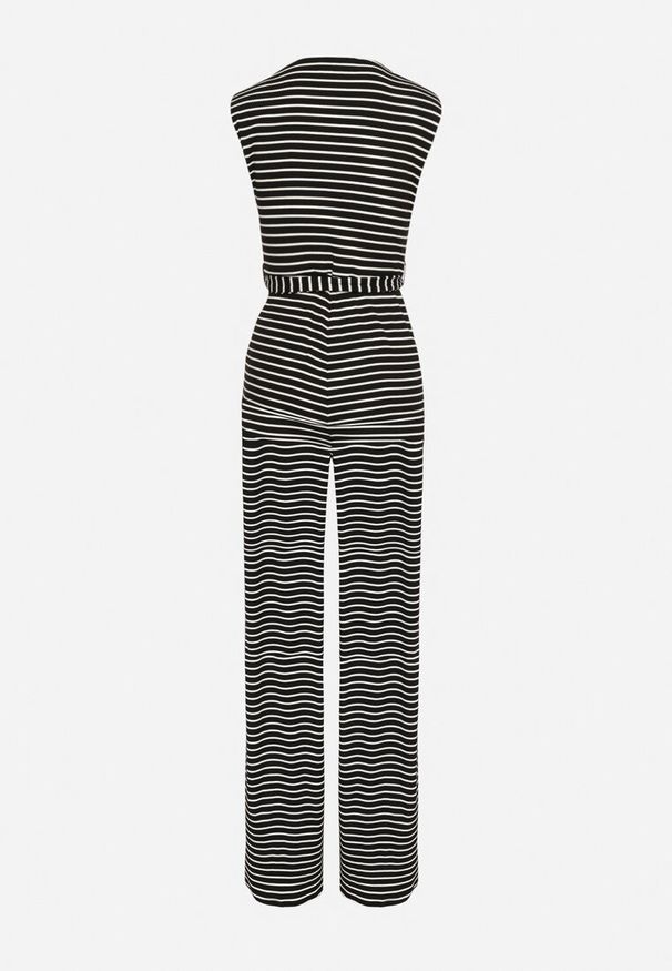 Born2be - Czarny Kombinezon Kopertowy w Paski z Wiązaniem w Talii Rivarelle. Okazja: do pracy, na co dzień, na spotkanie biznesowe, na spacer. Kolor: czarny. Materiał: wiskoza. Wzór: paski. Styl: sportowy, biznesowy, casual