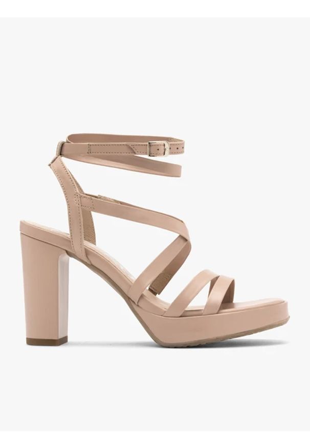 Ryłko - Beżowe sandały z ozdobnych paseczków. Kolor: beżowy. Materiał: skóra. Obcas: na obcasie. Styl: street. Wysokość obcasa: średni