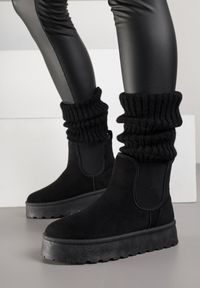 Born2be - Czarne Śniegowce na Grubej Podeszwie w Stylu Sztybletów Avrenna. Okazja: na co dzień. Kolor: czarny. Materiał: jeans. Styl: casual, klasyczny #3