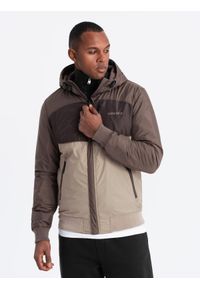 Ombre Clothing - Lekka kolorowa męska sportowa kurtka z polarem – beżowo-ciemnobrązowa V19 - Rozmiar: XL. Typ kołnierza: kołnierzyk stójkowy. Kolor: beżowy. Materiał: polar. Wzór: kolorowy. Styl: sportowy