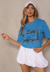 Renee - Niebieski T-shirt z Bawełny Zdobiony Nadrukiem z Cyrkoniami Idelunea. Okazja: na co dzień, na imprezę. Kolor: niebieski. Materiał: bawełna. Wzór: aplikacja, nadruk. Styl: klasyczny, casual, elegancki #3