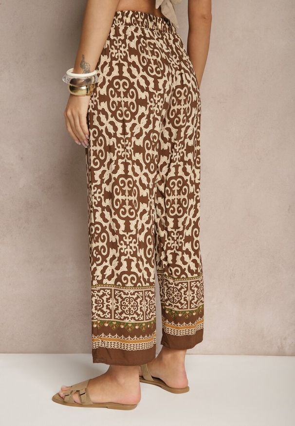 Renee - Brązowe Szerokie Spodnie Culottes z Bawełny w Ornamentalny Print Lisanella. Okazja: na co dzień, na spacer. Kolor: brązowy. Materiał: bawełna. Wzór: nadruk. Styl: elegancki, casual