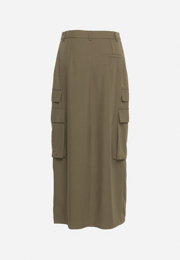 Born2be - Ciemnozielona Spódnica w Stylu Utility z Kieszeniami i Rozcięciem na Przodzie Temari. Okazja: na co dzień. Stan: podwyższony. Kolor: zielony. Styl: elegancki, casual