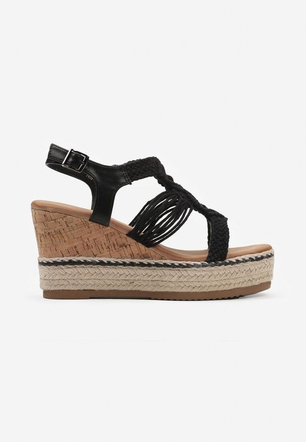 Born2be - Czarne Sandały na Wysokim Koturnie w Stylu Boho Espadryli Marosa. Okazja: na co dzień. Nosek buta: otwarty. Zapięcie: sprzączka. Kolor: czarny. Materiał: materiał. Sezon: lato. Obcas: na koturnie. Styl: boho. Wysokość obcasa: średni