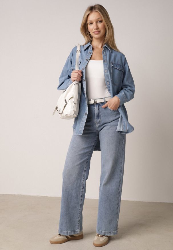 Born2be - Niebieska Jeansowa Koszula Oversize z Bawełną Dinilena. Okazja: na spacer, na co dzień, do pracy. Kolor: niebieski. Materiał: bawełna, jeans. Długość: długie. Styl: casual, elegancki