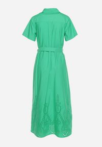 Born2be - Zielona Ażurowa Sukienka z Bawełny Zapinana na Guziki z Materiałowym Paskiem Dimosa. Kolor: zielony. Materiał: bawełna, materiał. Długość rękawa: krótki rękaw. Wzór: ażurowy. Styl: boho #3