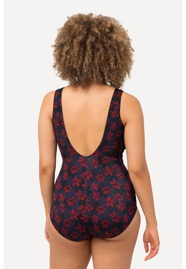 ULLA POPKEN - Damski Kostium kąpielowy kwiaty ozdobne tasiemki miękkie miseczki. Kolekcja: plus size. Kolor: niebieski. Materiał: poliester, elastan, poliamid, materiał. Wzór: kwiaty