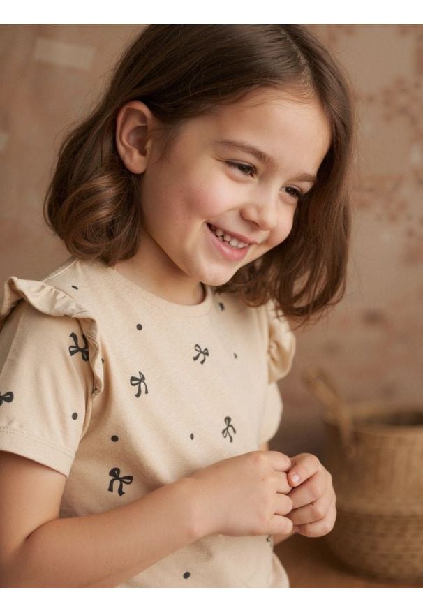 Sinsay - Bawełniana koszulka ze wzorem w korkardy - beżowy. Kolor: beżowy. Materiał: bawełna