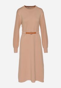 Born2be - Ciemnobeżowa Sukienka z Wiskozą Ozdobiona Plisowanymi Rękawami i Paskiem Daikari. Okazja: na co dzień. Kolor: beżowy. Materiał: wiskoza. Wzór: aplikacja. Styl: casual #7