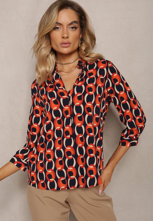 Renee - Pomarańczowo-Czarna Koszula z Wiskozy i Bawełny z Łańcuszkowym Wzorem Natheia. Kolor: pomarańczowy. Materiał: bawełna, wiskoza. Wzór: aplikacja