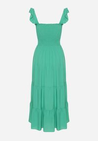 Born2be - Zielona Rozkloszowana Bawełniana Sukienka na Ramiączkach z Gumkami i Falbanką Mevesta. Okazja: na spacer. Typ kołnierza: kołnierz z falbankami, dekolt kwadratowy. Kolor: zielony. Materiał: bawełna. Długość rękawa: na ramiączkach #4