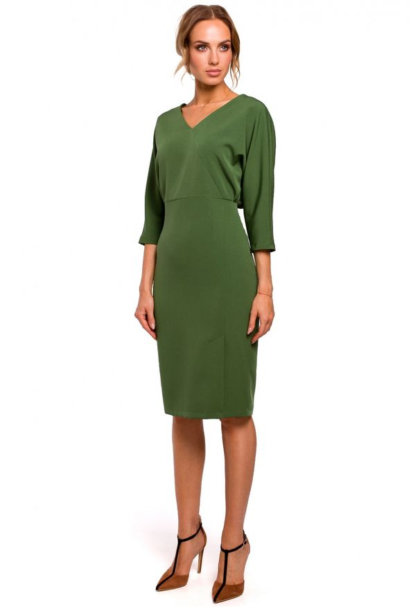 Sukienki.shop - Sukienka elegancka ołówkowa zbluzowana góra i dekolt V zielona. Okazja: do pracy. Kolor: zielony, niebieski. Typ sukienki: ołówkowe. Styl: elegancki