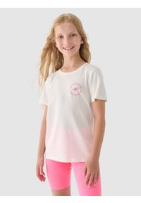 4f - 4F T-shirt z nadrukiem dziewczęcy - biały 146 (10-11 lat). Okazja: na co dzień. Kolor: biały. Materiał: bawełna, jersey, dzianina. Długość rękawa: krótki rękaw. Długość: krótkie. Wzór: nadruk. Sezon: lato. Styl: sportowy, klasyczny, casual