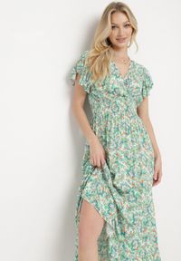 Born2be - Jasnozielona Sukienka z Bawełny w Ornamentalny Wzór z Gumką w Pasie i Falbankami Fioralas. Typ kołnierza: kołnierz z falbankami. Kolor: zielony. Materiał: bawełna #3