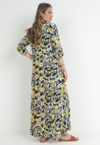 Born2be - Granatowo-Żółta Rozkloszowana Sukienka Maxi Koszulowa w Kwiaty Moonsee. Kolor: niebieski. Długość rękawa: długi rękaw. Wzór: kwiaty. Typ sukienki: koszulowe. Długość: maxi #4