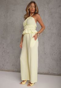 Renee - Żółty Letni Komplet z Bawełny Spodnie Wide Leg i Bluzka Halter z Wiązaniem Apomeda. Kolor: żółty. Materiał: bawełna #3