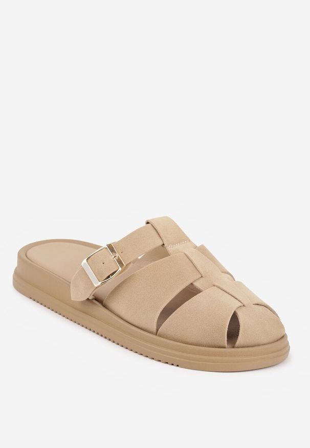 Renee - Beżowe Klapki z Zakrytym Noskiem i Ozdobnymi Paskami z Klamerką Themine. Kolor: beżowy. Materiał: nubuk, koronka. Sezon: lato