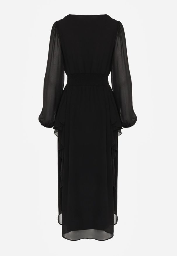 Born2be - Czarna Romantyczna Sukienka Koktajlowa z Falbanami i Marszczeniem w Pasie Aranilla. Typ kołnierza: kołnierz z falbankami. Kolor: czarny. Materiał: materiał, tkanina. Wzór: gładki, aplikacja. Typ sukienki: rozkloszowane. Styl: wizytowy