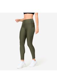 DOMYOS - Legginsy fitness damskie Domyos. Stan: podwyższony. Kolor: wielokolorowy, brązowy, zielony. Materiał: poliester, materiał, elastan. Sport: fitness #1