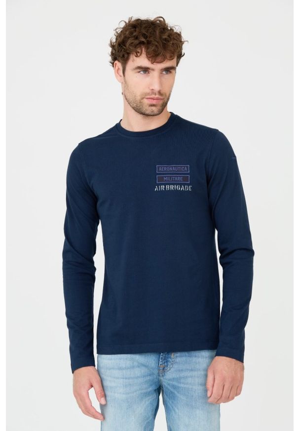 Aeronautica Militare - AERONAUTICA MILITARE Granatowy męski longsleeve bawełniany. Kolor: niebieski. Materiał: bawełna. Długość rękawa: długi rękaw