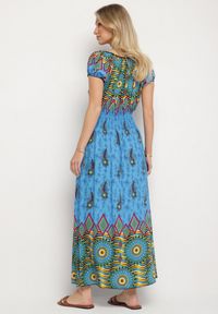 Born2be - Niebieska Bawełniana Sukienka w Etno Wzór z Gumką w Talii i Hiszpańskim Dekoltem Orose. Okazja: na co dzień. Kolor: niebieski. Materiał: bawełna. Wzór: aplikacja. Typ sukienki: proste. Styl: etno. Długość: maxi #7