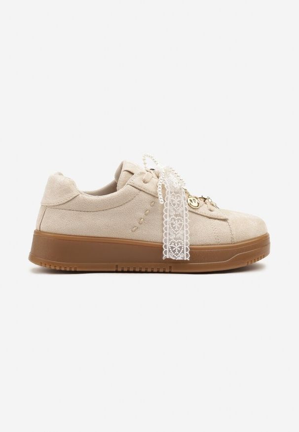 Born2be - Beżowe Sneakersy na Grubej Podeszwie z Ozdobnymi Kokardkami Divelia. Okazja: na co dzień. Kolor: beżowy. Materiał: jeans. Wzór: aplikacja. Sezon: lato