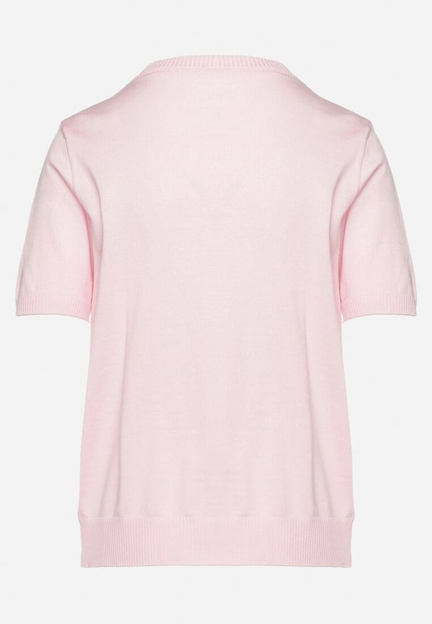 Born2be - Różowa Wiskozowa Bluzka z Perełkami Cyrkoniami i Aplikacjami Kwiatków Tessia. Kolor: różowy. Materiał: wiskoza. Wzór: aplikacja, kwiaty. Styl: elegancki