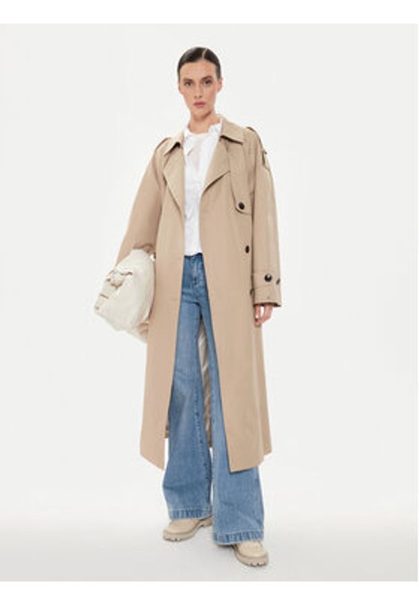 TOMMY HILFIGER - Tommy Hilfiger Trencz WW0WW43336 Beżowy Oversize. Kolor: beżowy. Materiał: bawełna