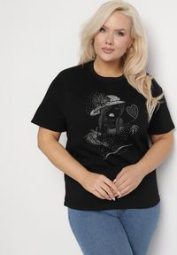 Born2be - Czarny T-shirt z Bawełny z Cyrkoniowym Nadrukiem Sovtebia. Okazja: na co dzień. Kolor: czarny. Materiał: bawełna. Wzór: nadruk. Sezon: lato. Styl: klasyczny, casual #4