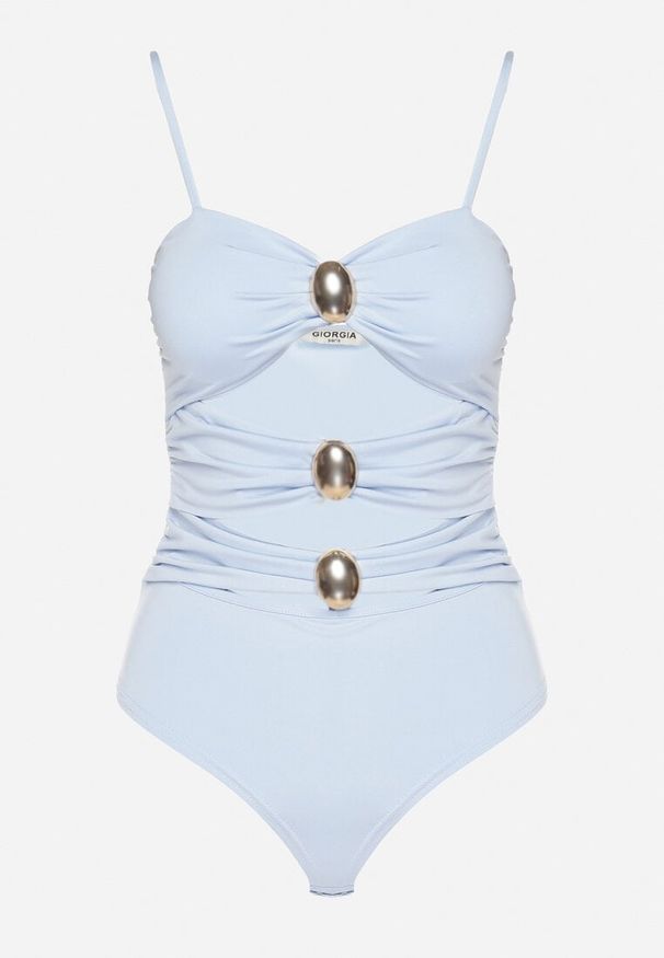 Born2be - Jasnoniebieski Strój Kąpielowy Jednoczęściowy z Wycięciami i Metalicznymi Wstawkami Oviannae. Kolor: niebieski. Wzór: aplikacja