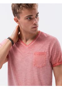 Ombre Clothing - T-shirt męski z kieszonką - koralowy melanż V4 S1388 - XL. Kolor: pomarańczowy. Materiał: bawełna, jeans. Wzór: melanż