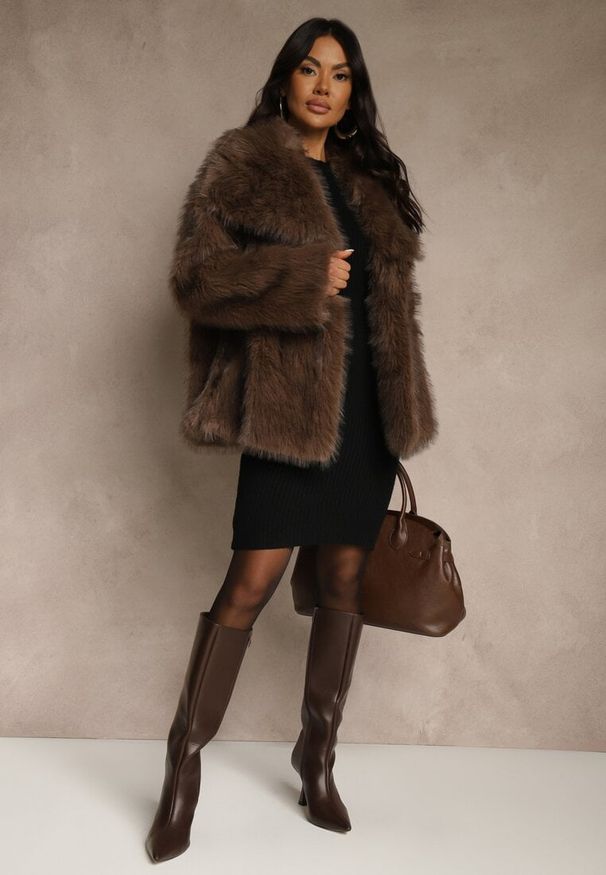 Renee - Czarna Sweterkowa Dopasowana Sukienka z Bawełną Reileta. Kolor: czarny. Materiał: bawełna