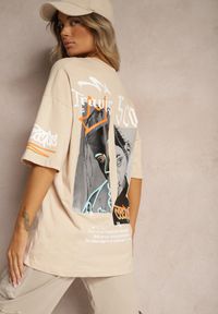 Renee - Beżowa Koszulka T-shirt Oversize z Nadrukiem z Elastycznej Bawełny Taralise. Kolor: beżowy. Materiał: bawełna. Wzór: nadruk. Sezon: lato #2